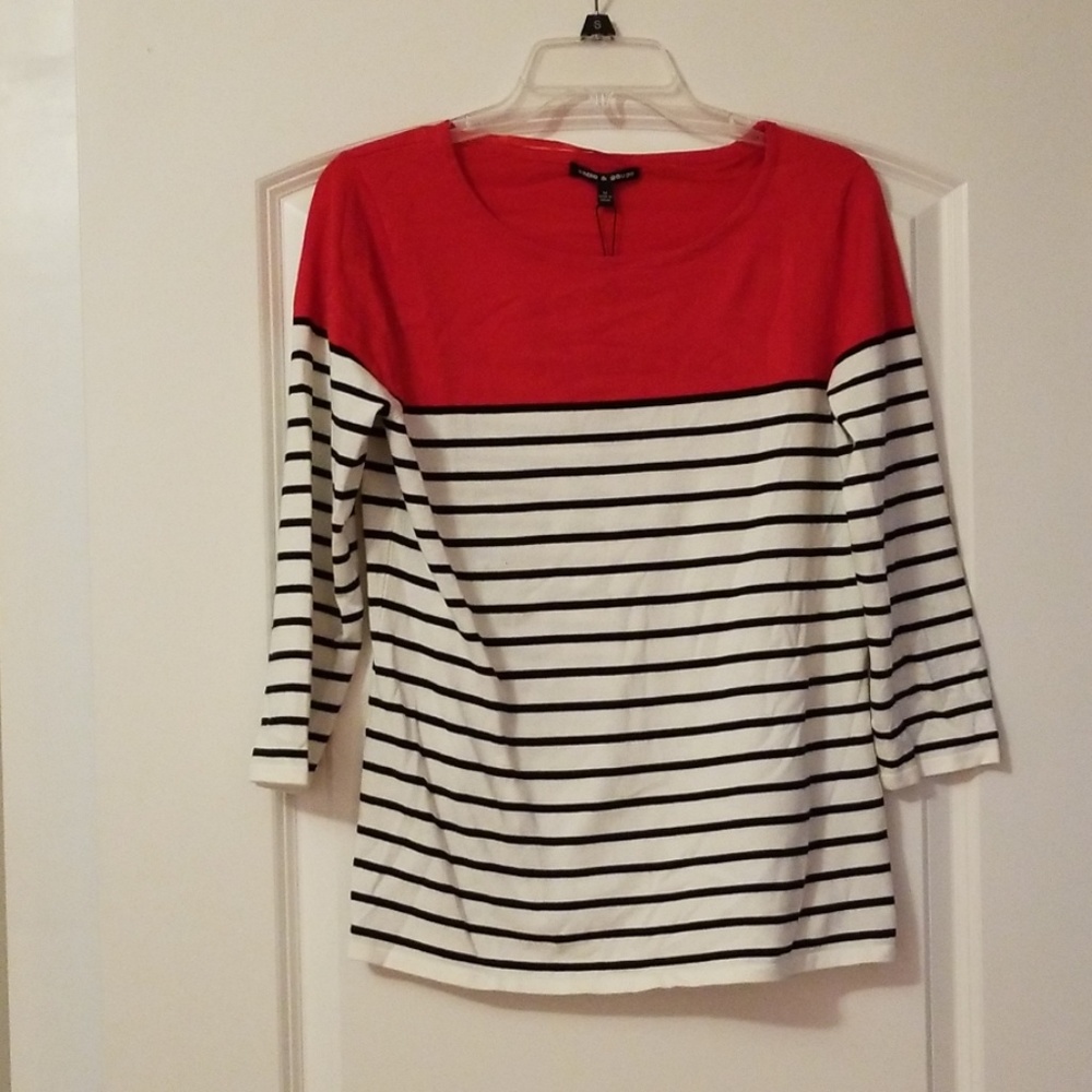 Red with black and white striped shirt